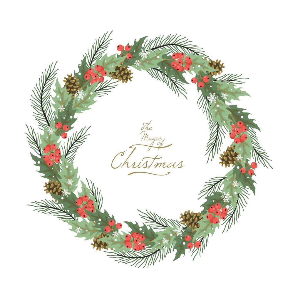 Christmas wreath with winter floral elements. Decorated wreath of pine branches realistic look, with berries, star and pearl decorations vector