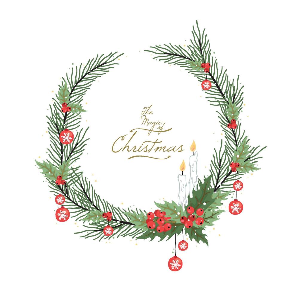 Christmas wreath with winter floral elements. Decorated wreath of pine branches realistic look, with berries, star and pearl decorations vector