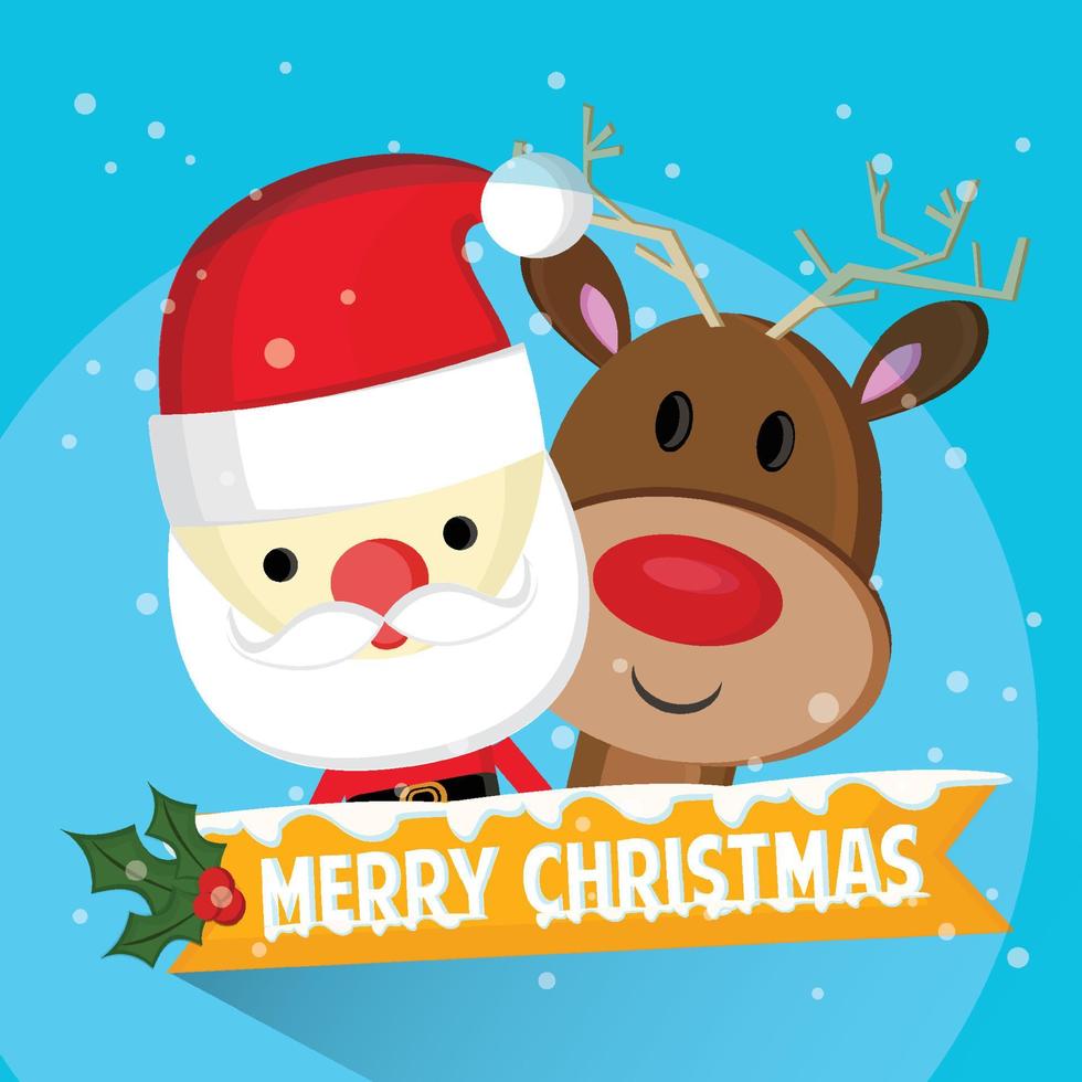 Merry christmas greeting cute santa claus and reindeer holiday cartoon character vector