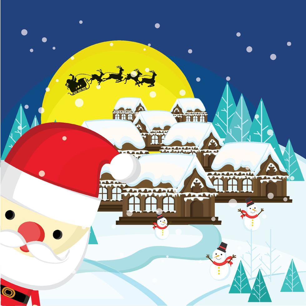 paisaje navideño con santa claus y muñeco de nieve con luna y la silueta de santa claus volando vector