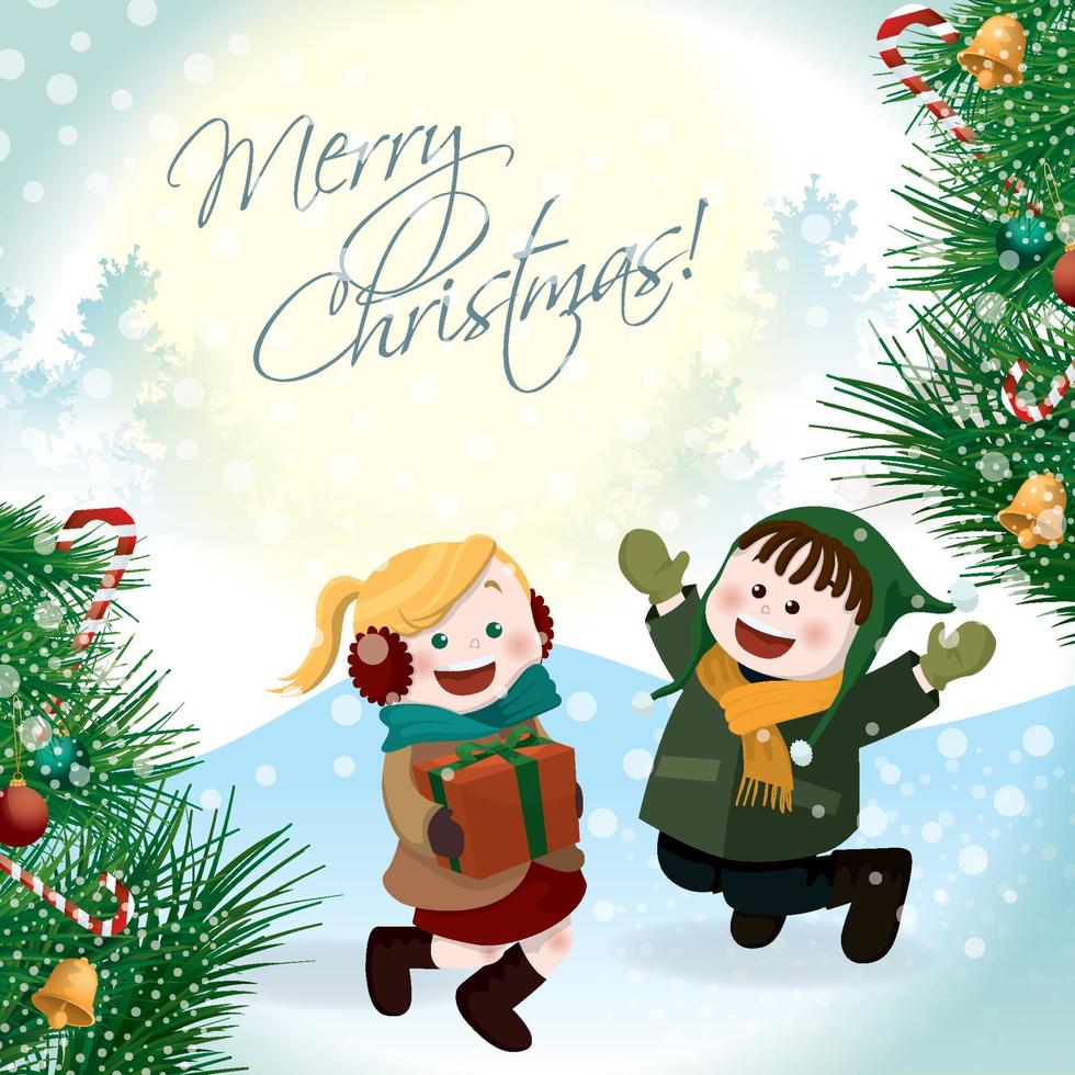 Two kids in dancing with Christmas gift box vector