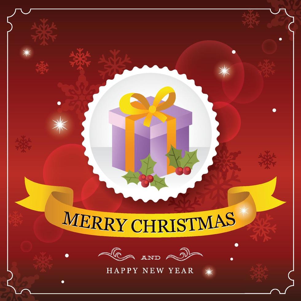Red christmas greeting card with a gift box, conifer and ribbon bauble made from paper stripe vector