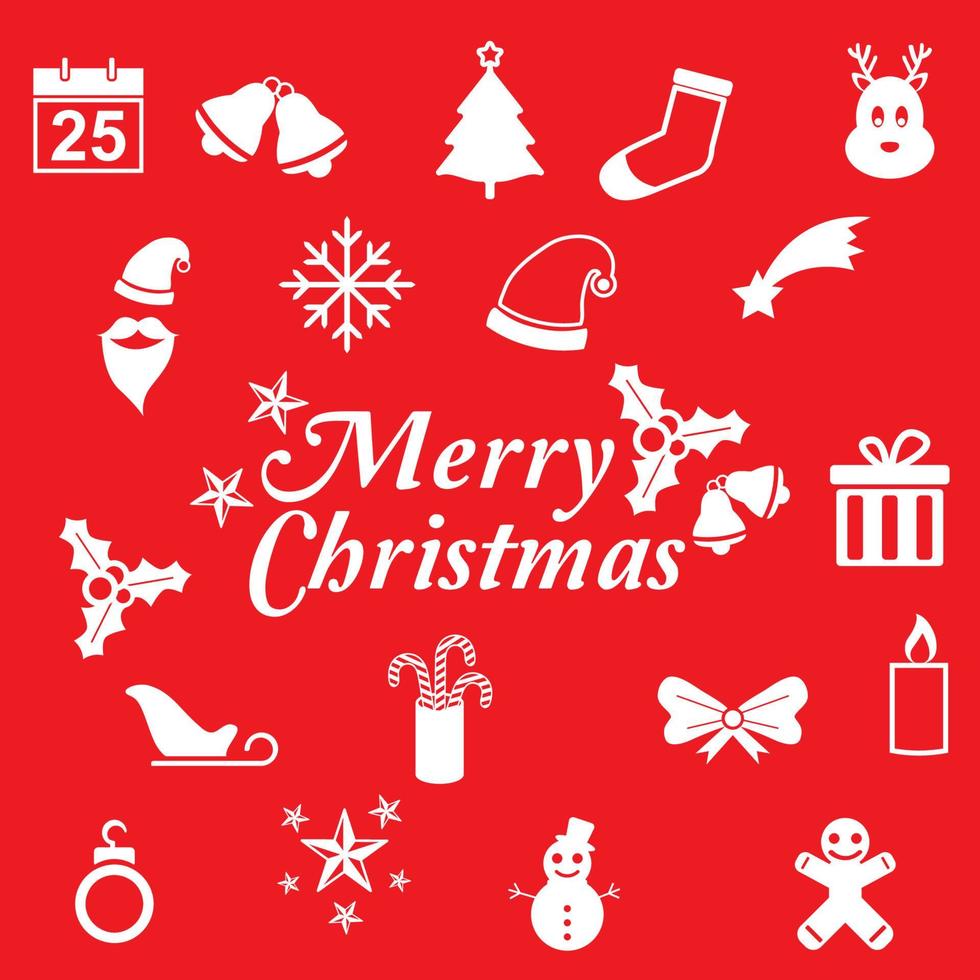 Flat christmas card  with cute christmas icon red background vector