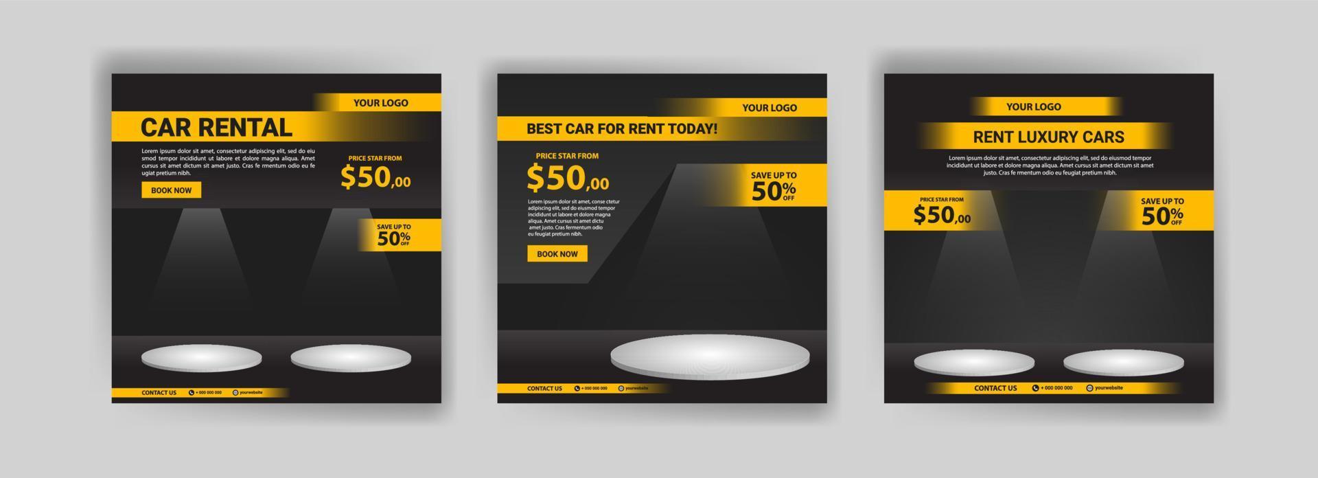 Social media post template for automotive car rental service. Banner vector for social media ads, web ads, business messages, discount flyers and big sale banners.