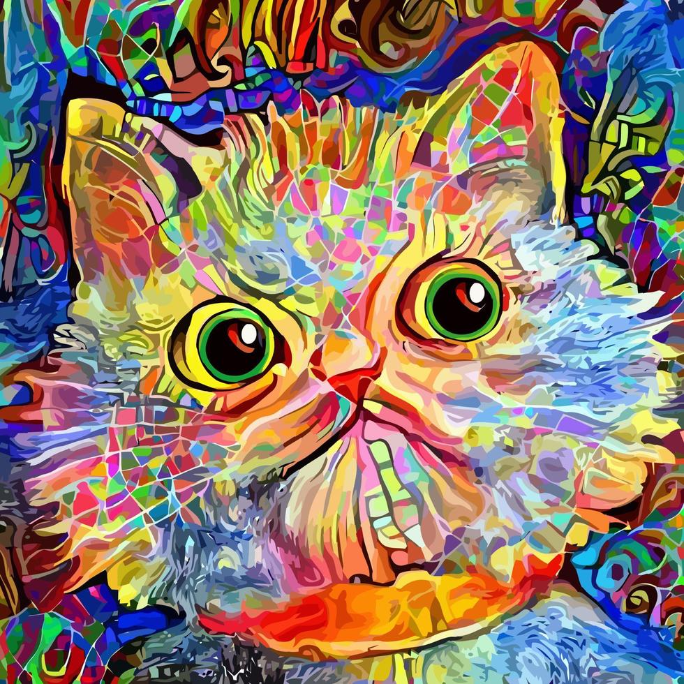 adorable, impresionista, esponjoso, lindo, gatito, retrato, pintura vector