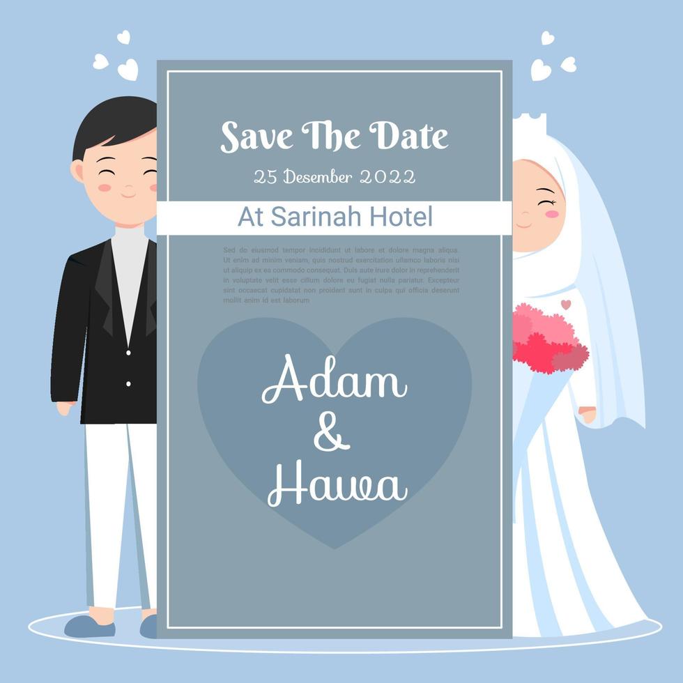 cute muslim couple for wedding invitation in black suit and white hijab dress. save the date vector illustration