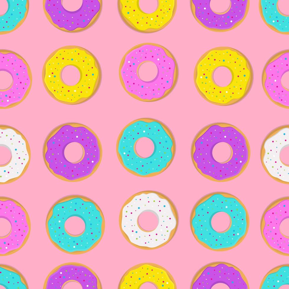 Seamless pattern with donuts on a pink background. Cartoon cute style. Vector illustration.