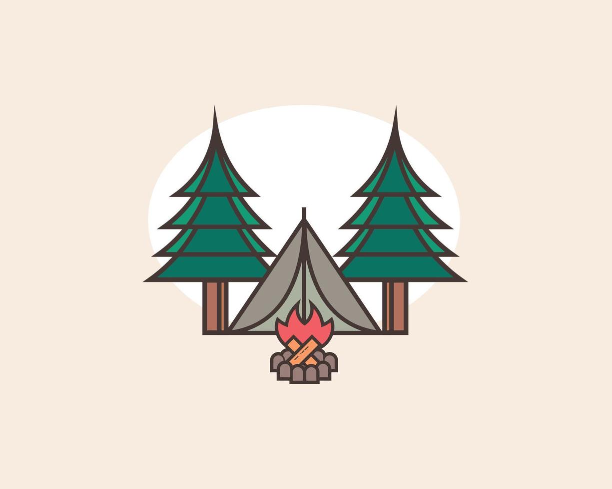 Camping vector , tent with campfire and trees .