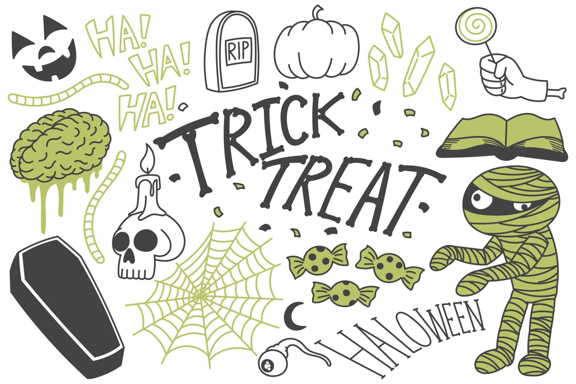 Set Of Halloween Doodles Trick Or Treat Drawings 3580806 Vector Art At Set Of Halloween Doodles Trick Or Treat Drawings Free Vector