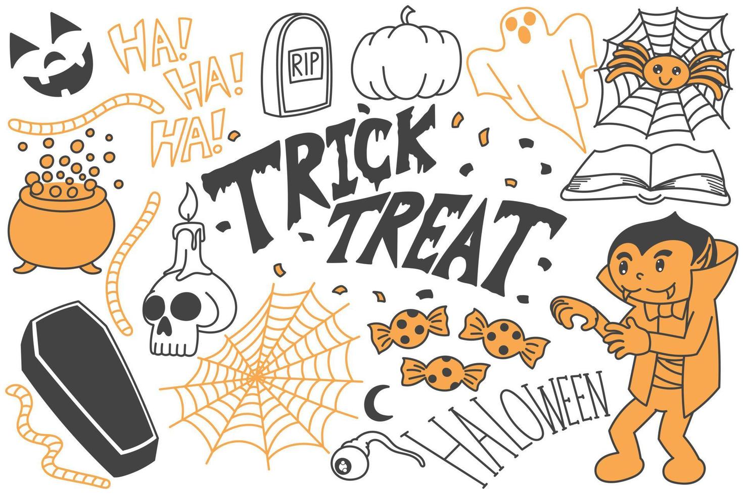 Set of Halloween doodles, trick or treat drawings vector