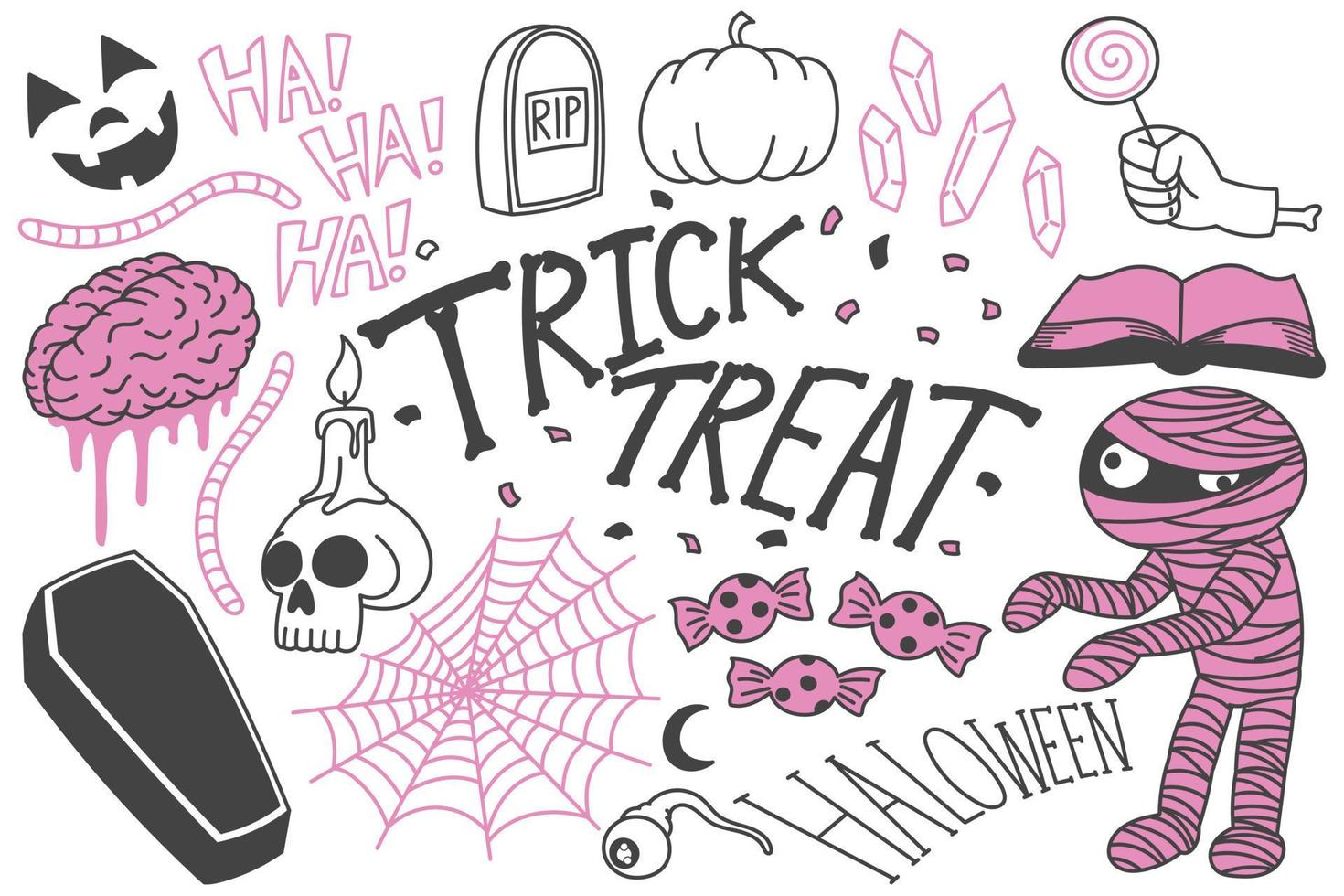 Set of Halloween doodles, trick or treat drawings vector