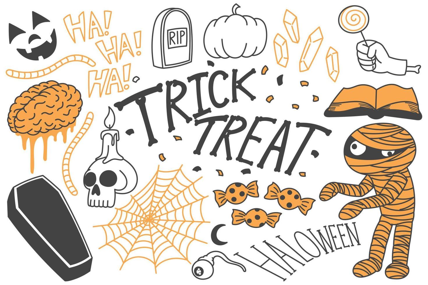 Set of Halloween doodles, trick or treat drawings vector