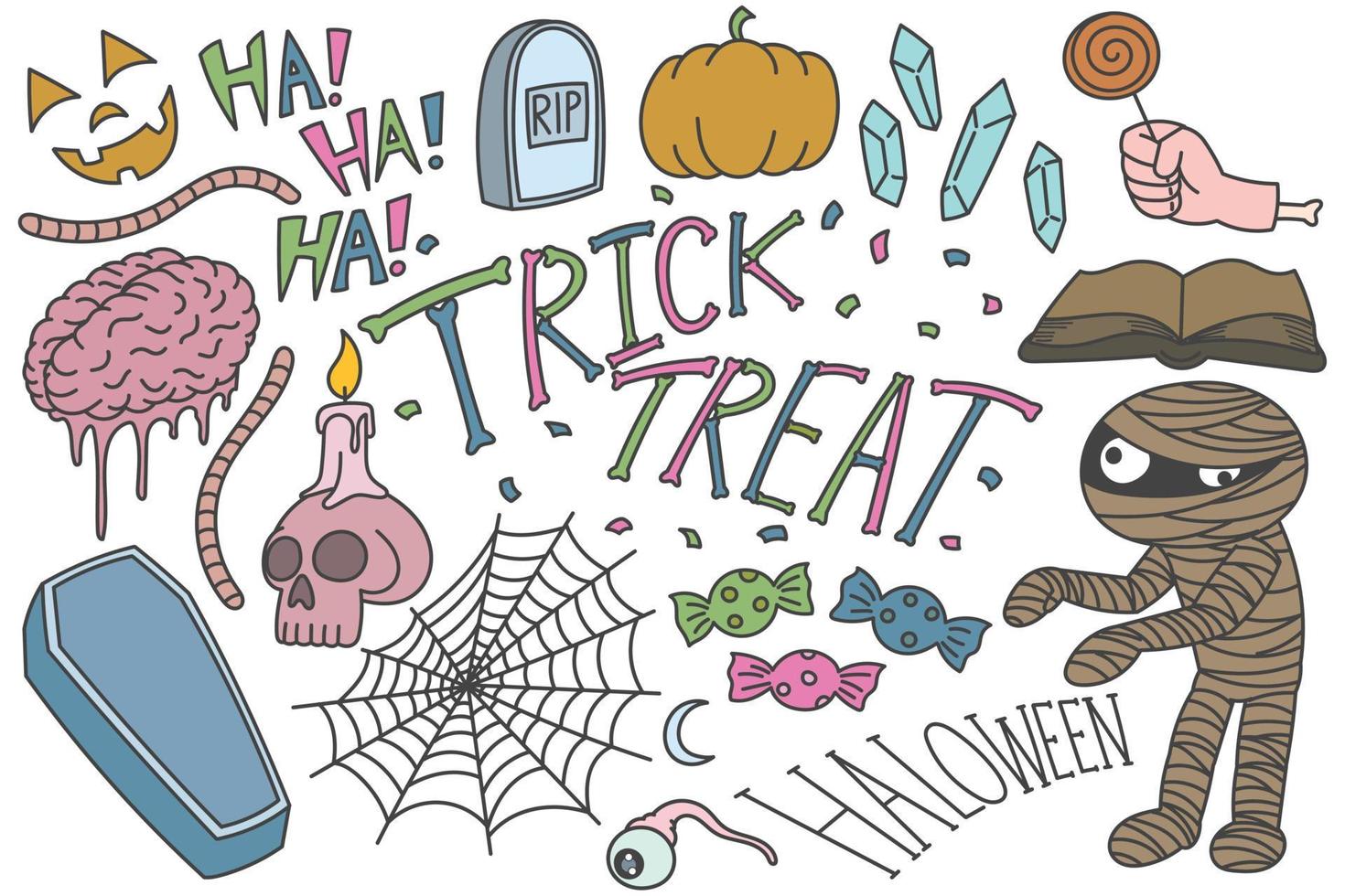 Set of Halloween doodles, trick or treat drawings vector