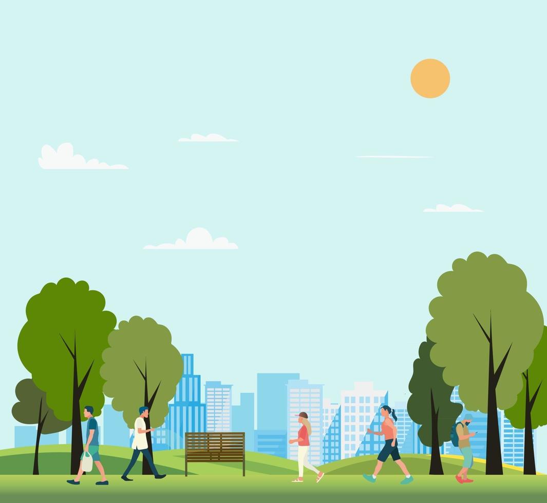 People in public park with city background vector illustration.Nature park with people walking in summer.Lifestyle in nature scene