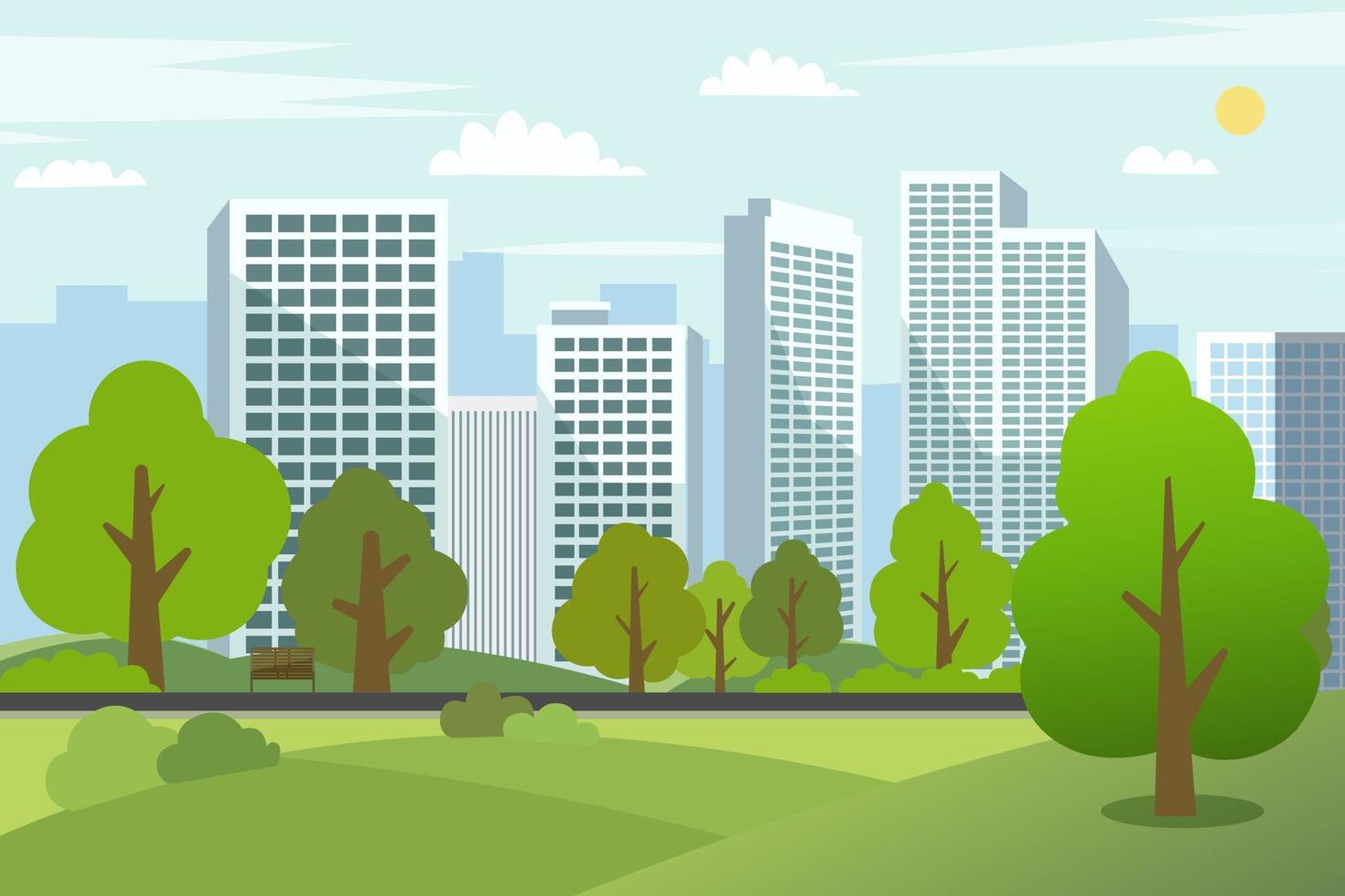 Landscape park trees with cityscape.Public park in urban city.Building in green garden.Spring scene park and tower.City park with bench and downtown skyscrapers vector