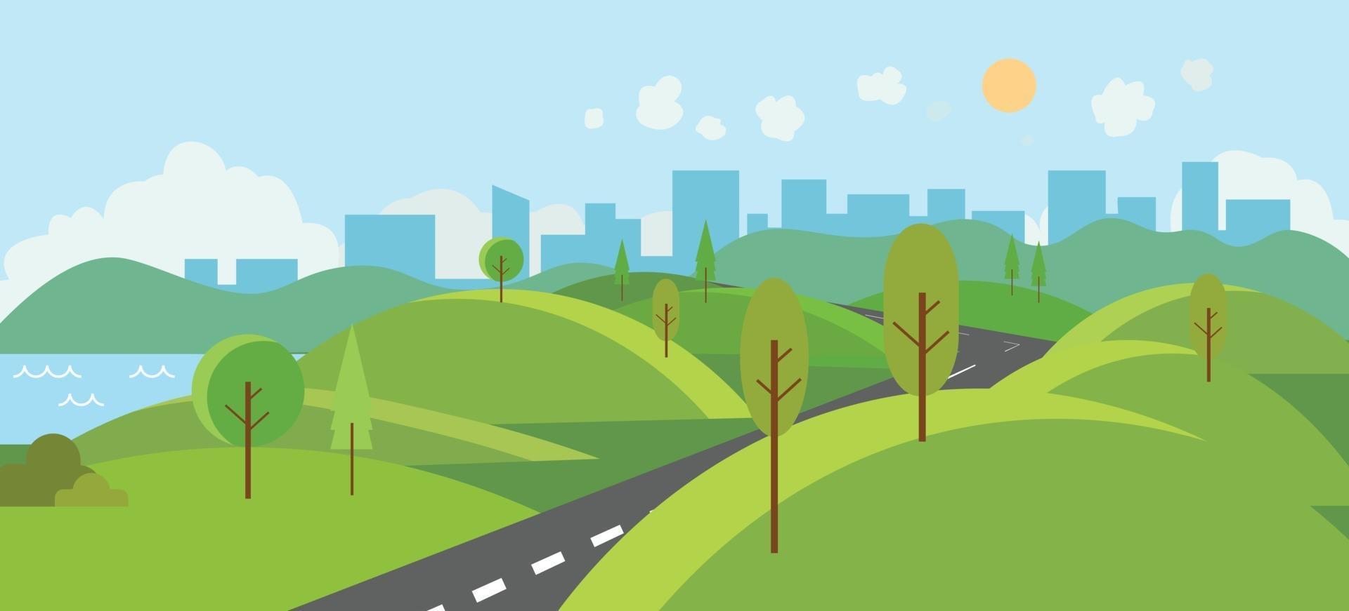 Parque público con río y camino a la ciudad.Ilustración vectorial.Escena de naturaleza de dibujos animados con colinas y árboles.Paisaje de la naturaleza con fondo urbano con cielo vector