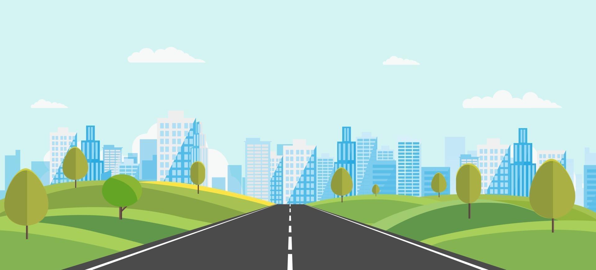 Public park with main street to city and sky background.Beautiful nature scene with town and hill.Vector illustration.Road with urban.cityscape and nature scene vector