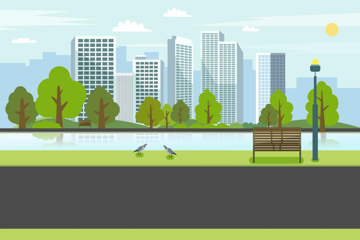 Public park with bench river city.Road on park with river and cityscape.Nature spring scene with city vector