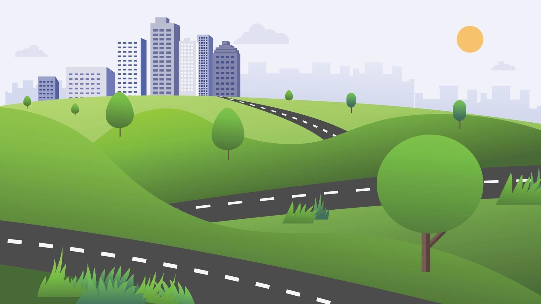 Beautiful nature scene with road , green hills , and town background vector illustration.Nature way to city wih sky background.Cityscape with nature landscape