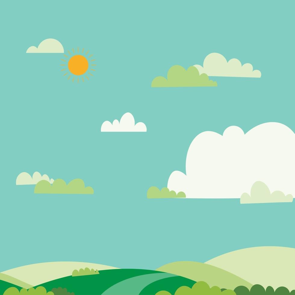 cielo azul, sol, y, campo verde, paisaje de la naturaleza, en, summer., vector, illustration., verde, colinas, con, cielo, y, nubes, plano de fondo vector