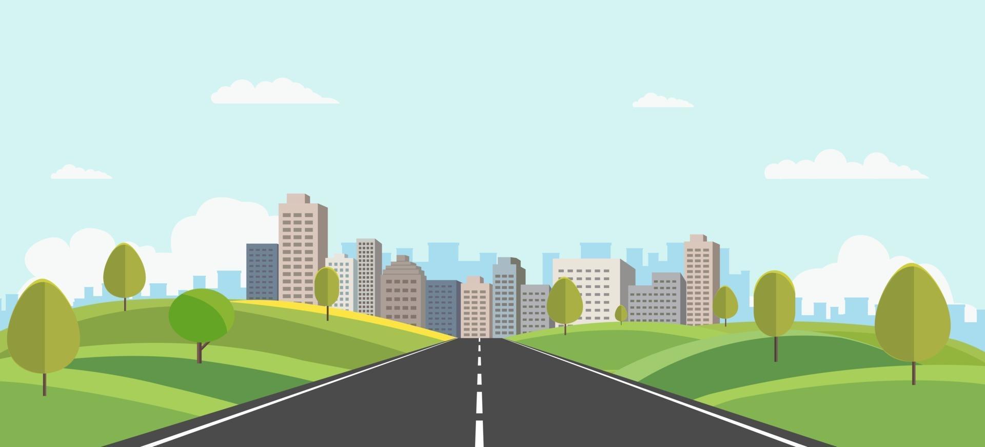 Hills landscape with cityscape on background vector illustration.Public park and town with sky background.Beautiful nature scene with road to city.