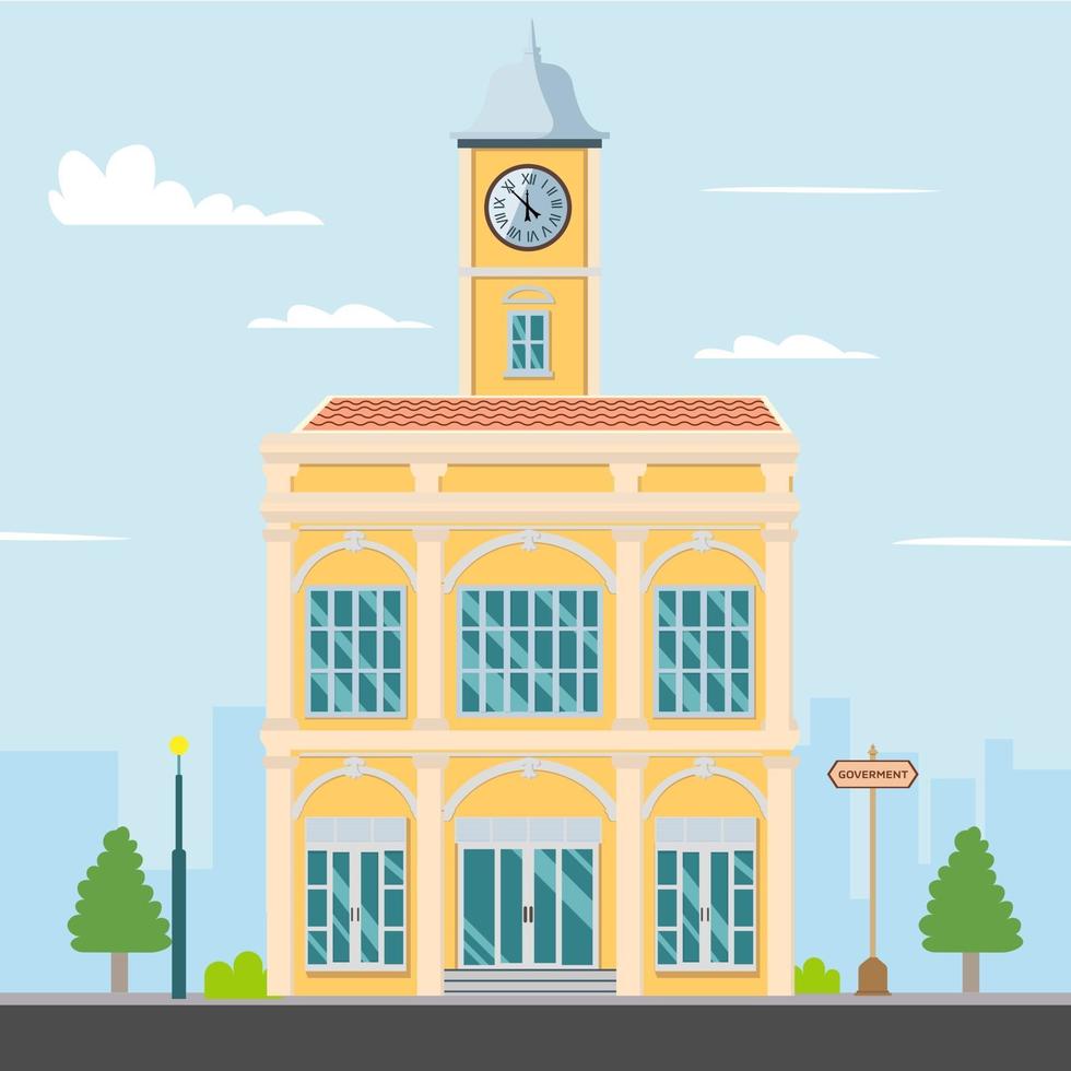 Vintage building vector illustration.Goverment buildings on street flat style.urban landscape design.Phuket Thailand building with cityscape