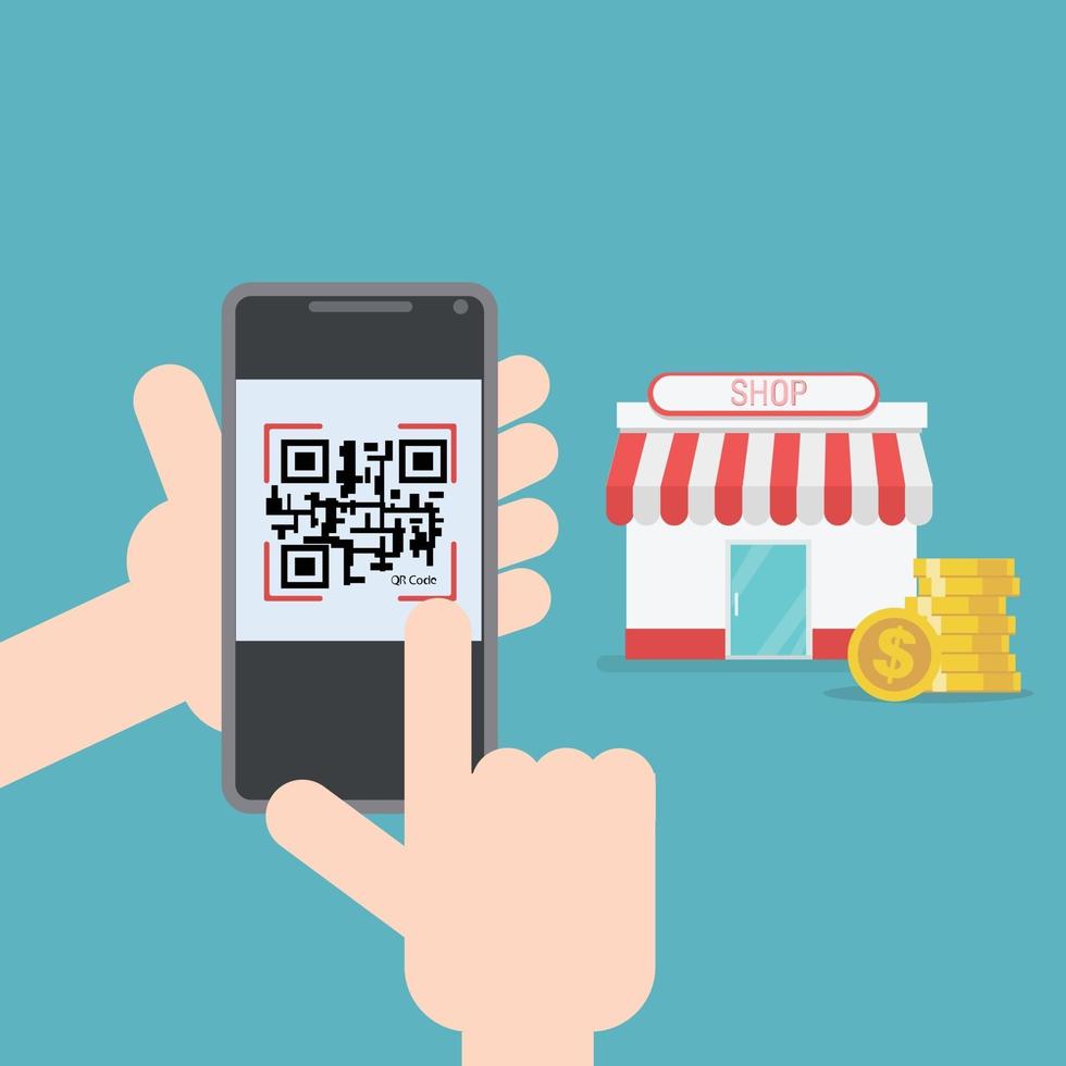 Pago de compras en línea con ilustración de vector de diseño plano de código qr concepto de negocio de comercio electrónico.