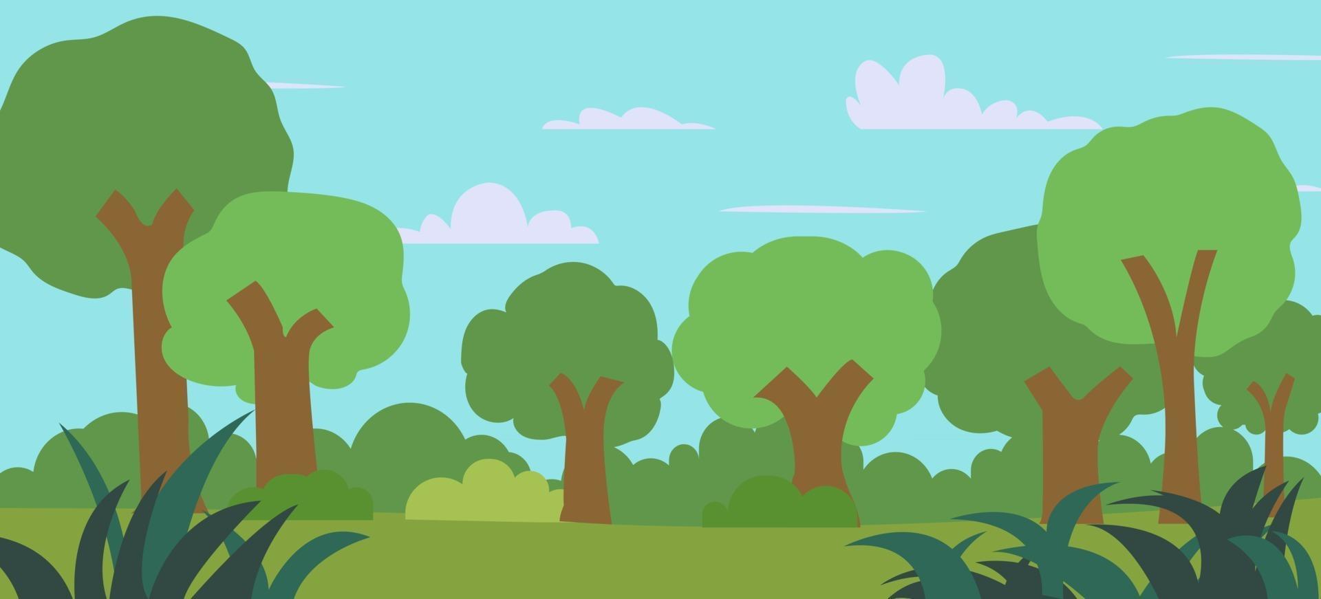 Cartoon forest vector illustration.nature landscape with blue sky.Meadow view with forest.Green Field with trees and grass