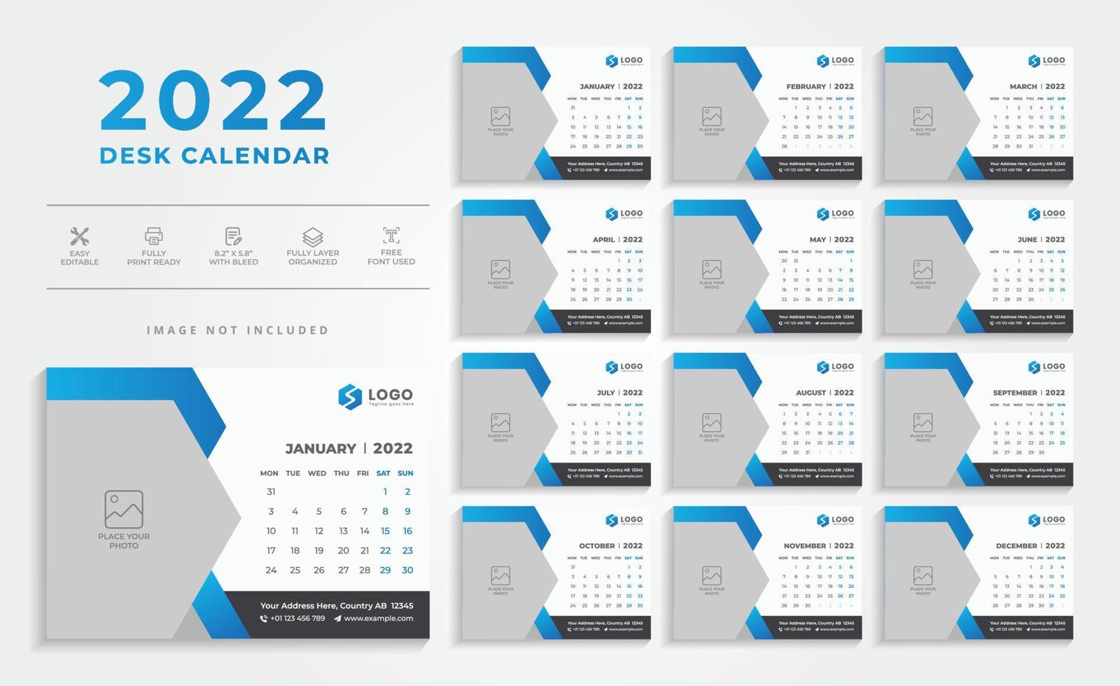Blue Modern 2022 Desk Calendar Design vector