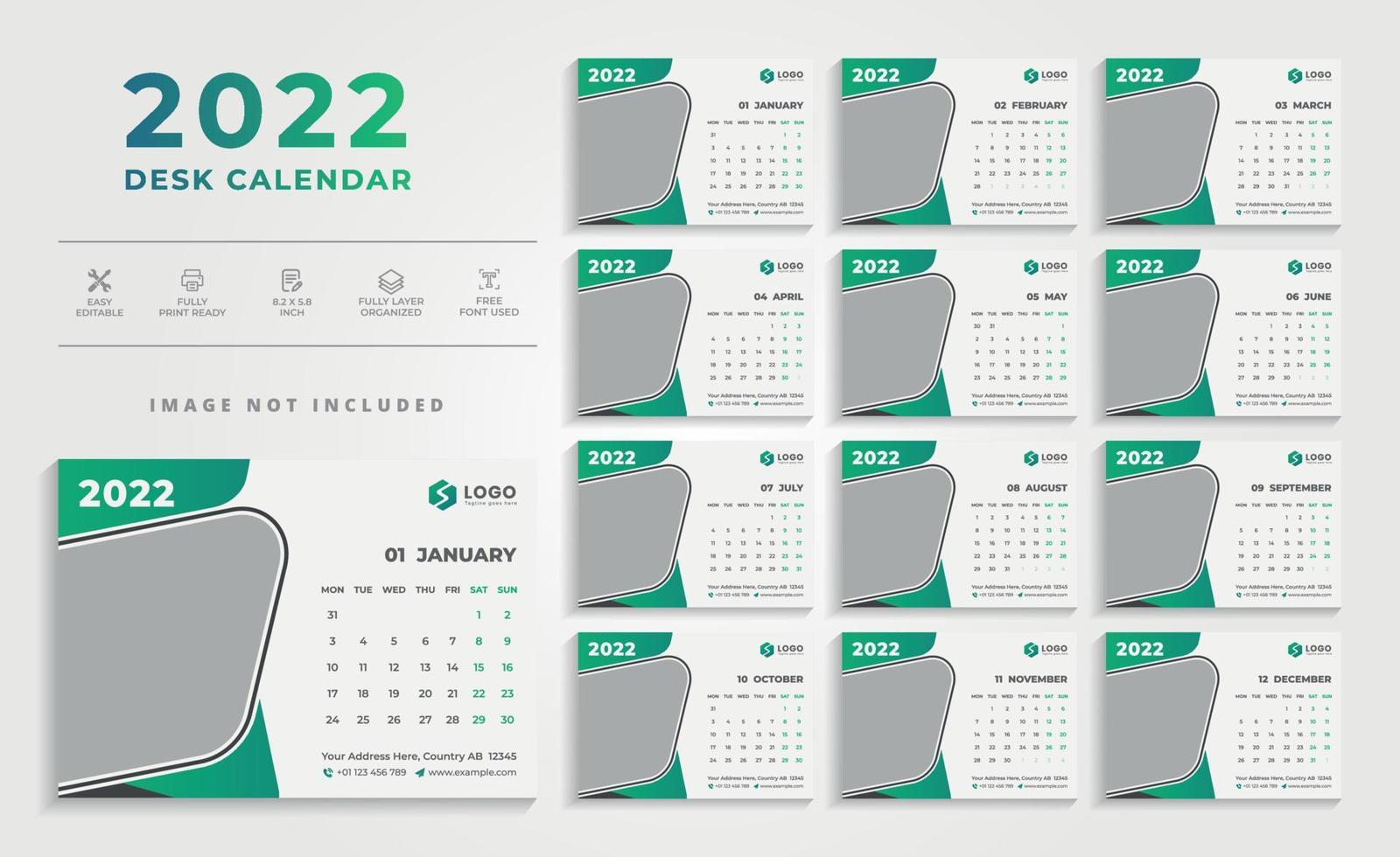 Modern Green color calendar for 2022 vector