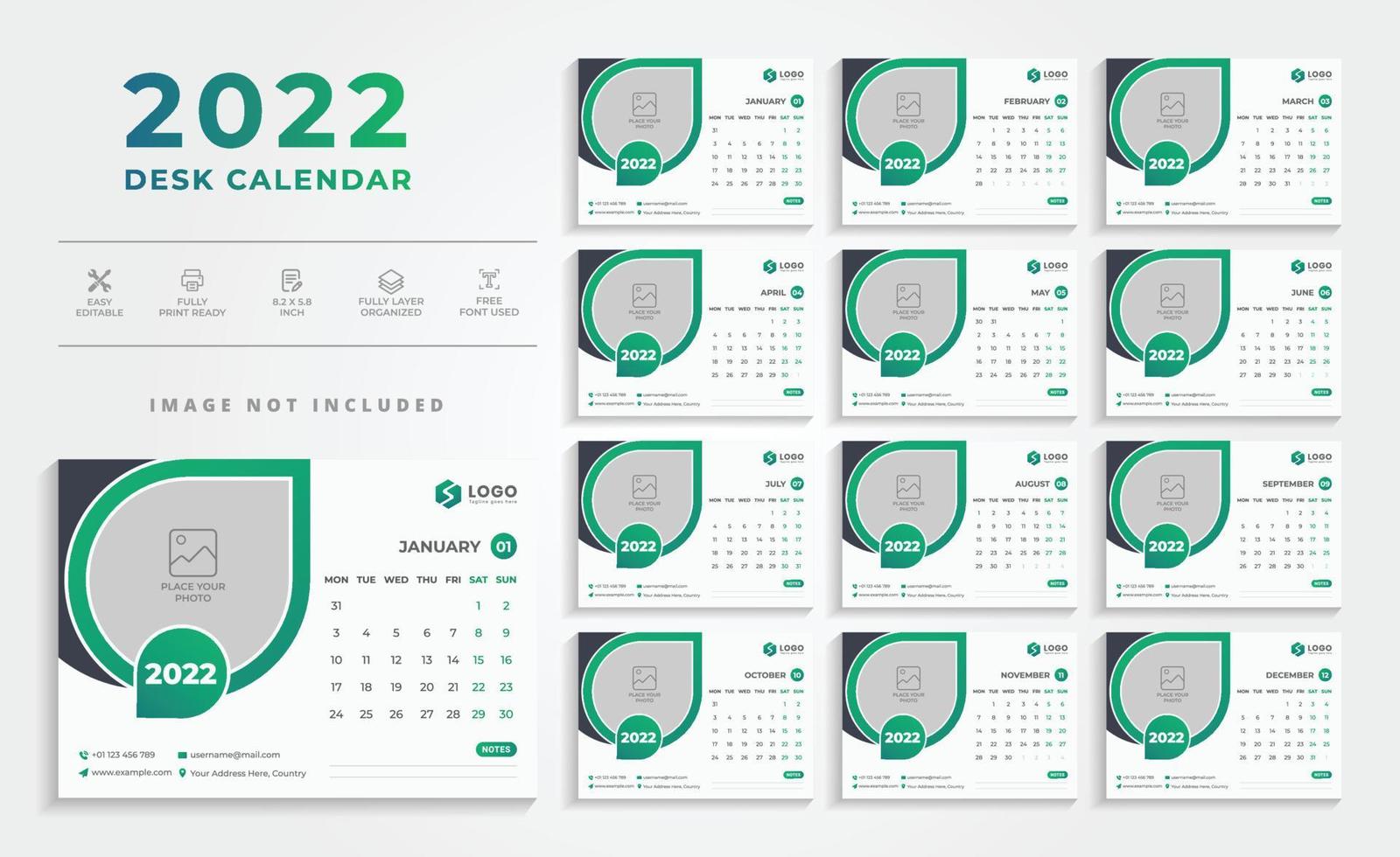 plantilla de diseño de calendario de escritorio verde moderno creativo 2022 vector