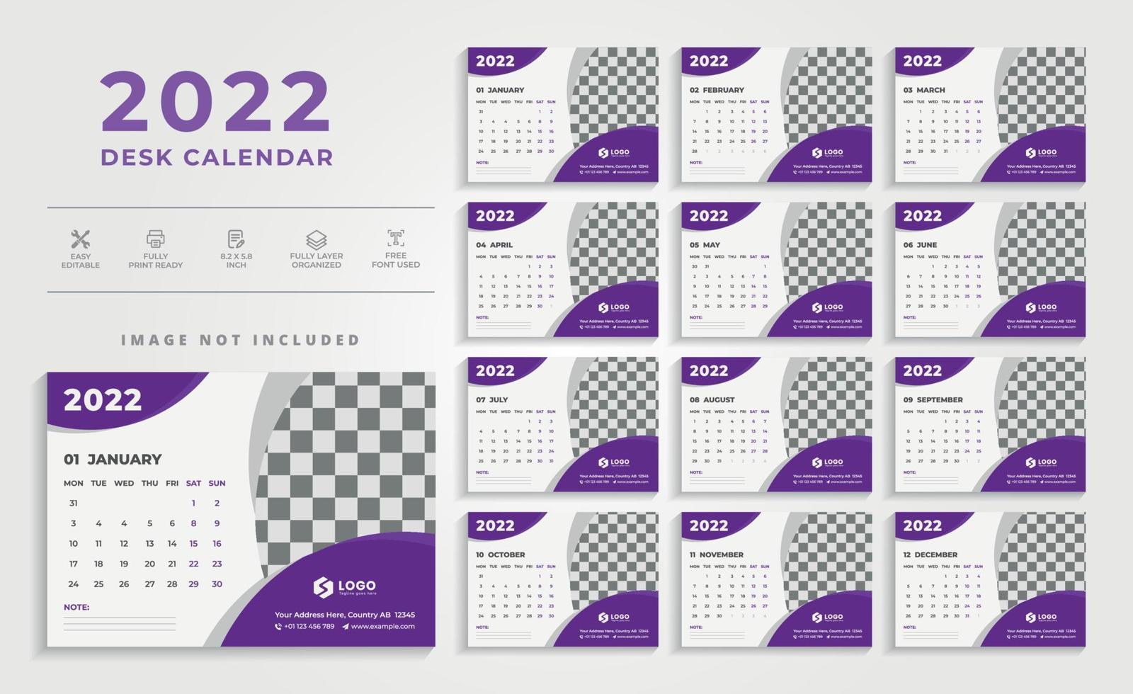 Plantilla de diseño de calendario de escritorio moderno limpio 2022 con color violeta vector