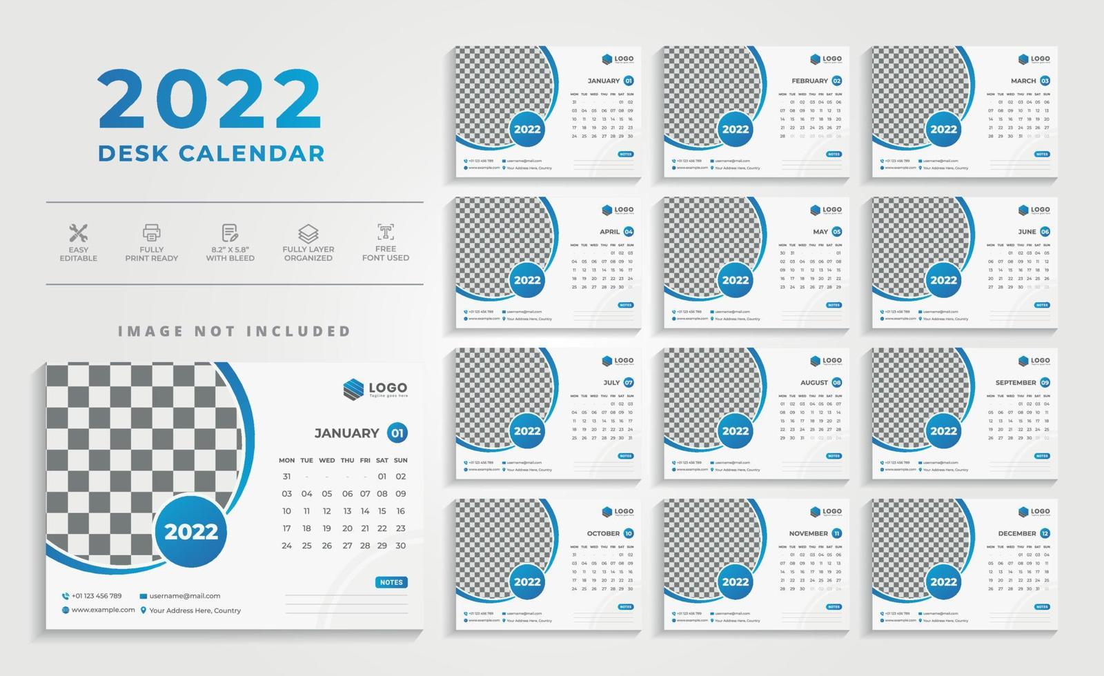 Clean Modern Simple Desk 2022 Calendar with Design Blue Color scheme vector