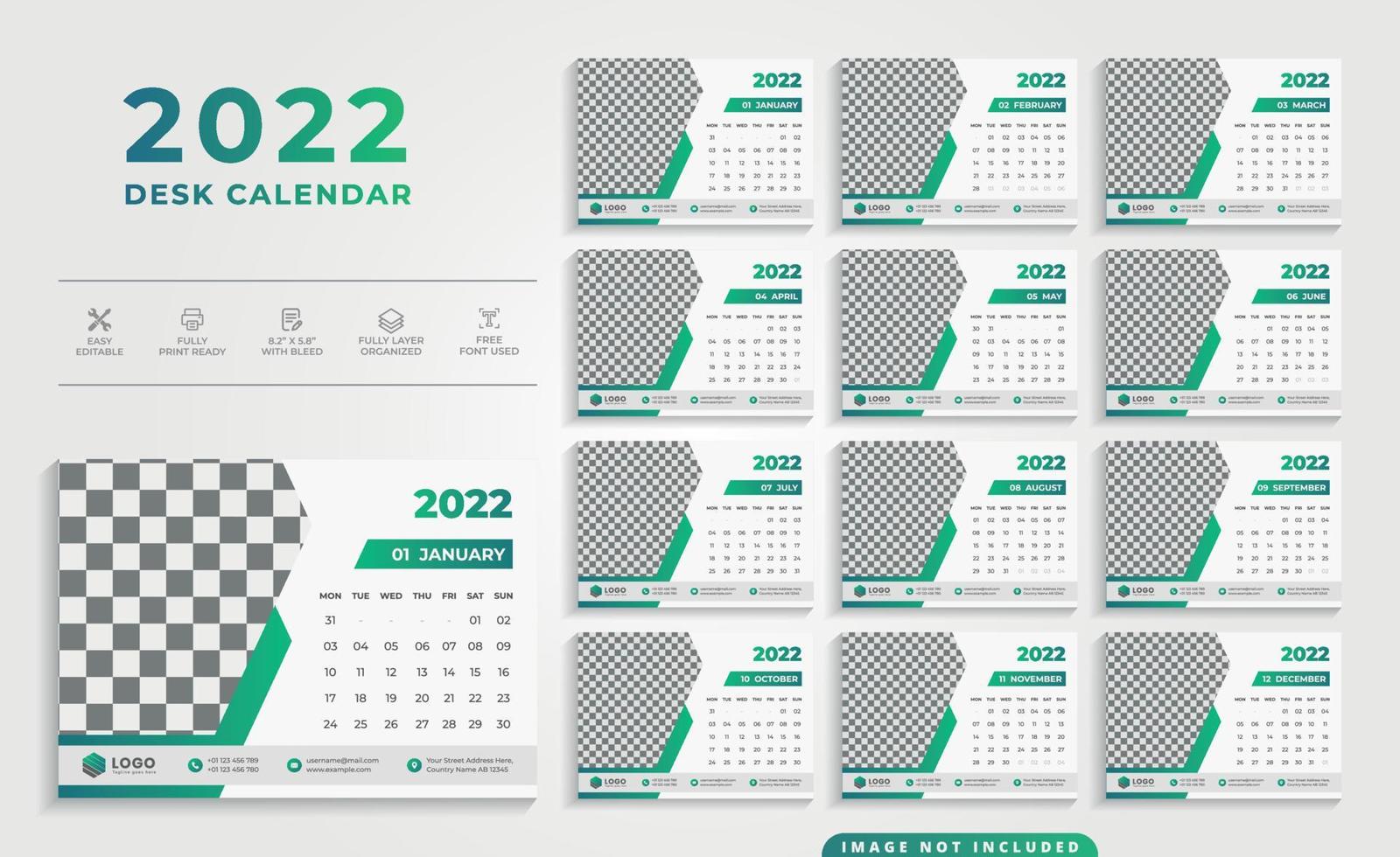 Plantilla de diseño de calendario de escritorio 2021 con esquema de color verde vector