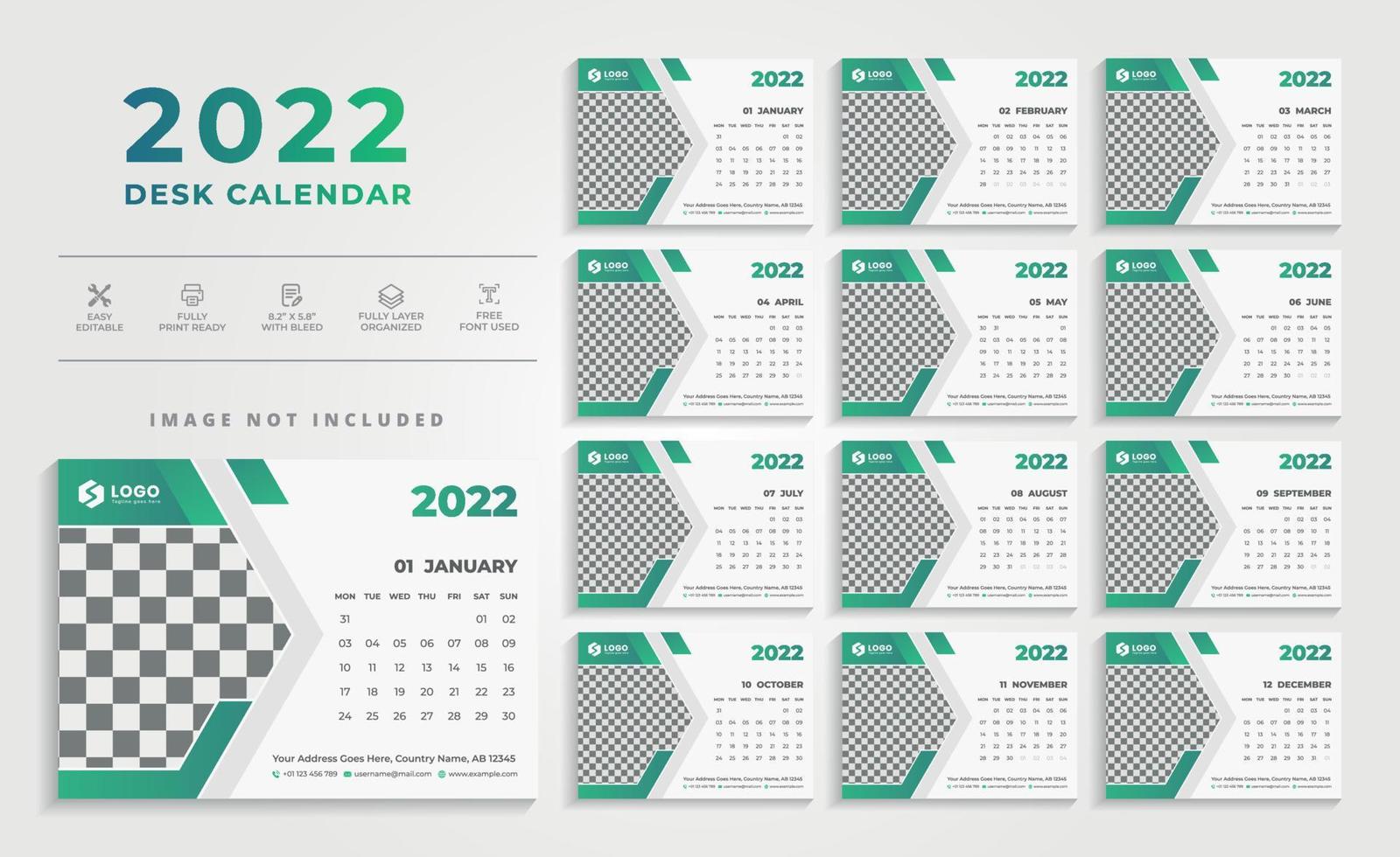 2022 Desk Calendar Design with Green Color vector