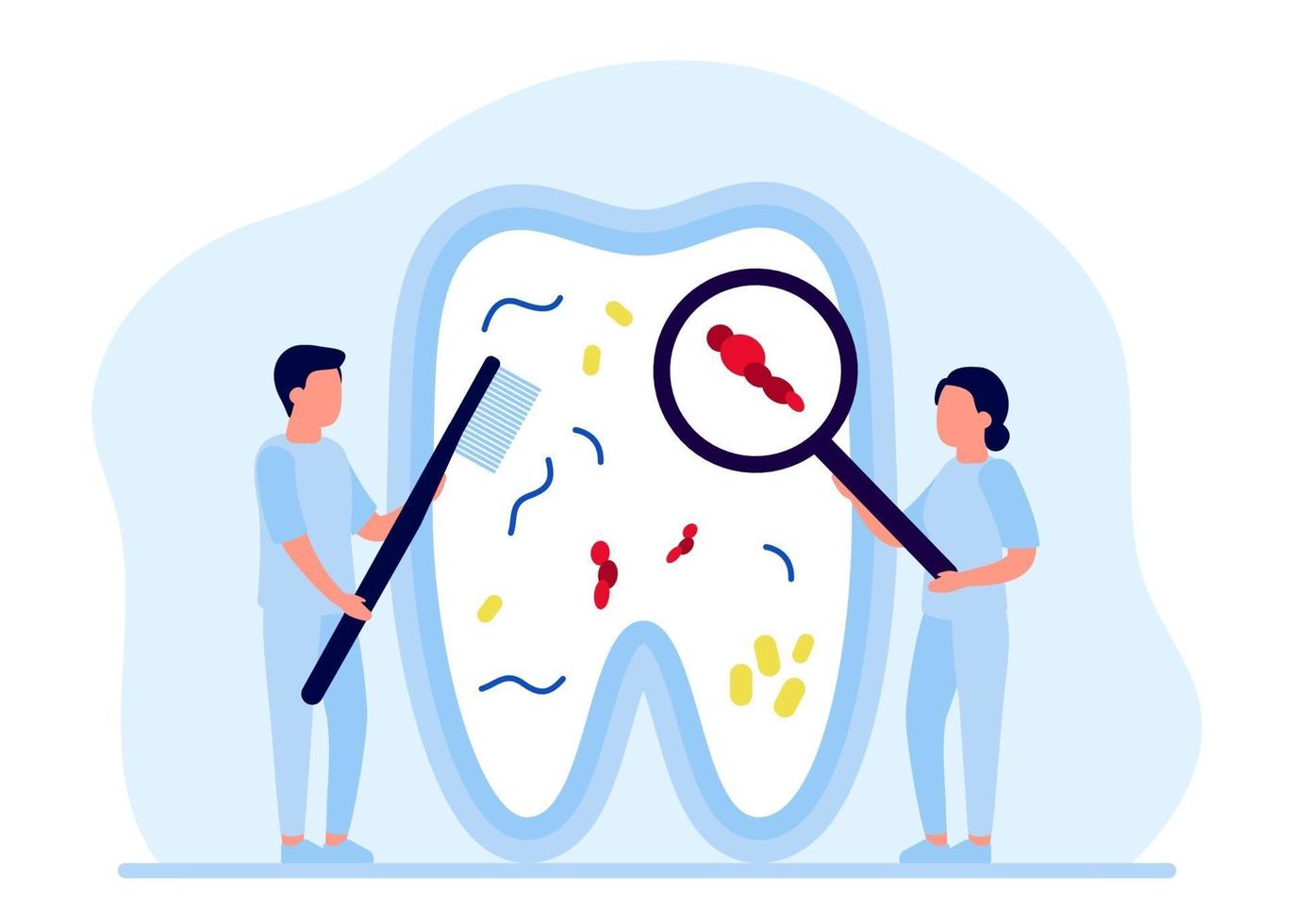 Tooth is cleaned from bacteria, tartar, whitening and treatment, checkup by dentist. Teeth repair, dental care. Oral hygiene. Prevention of dental diseases from dentist. Vector