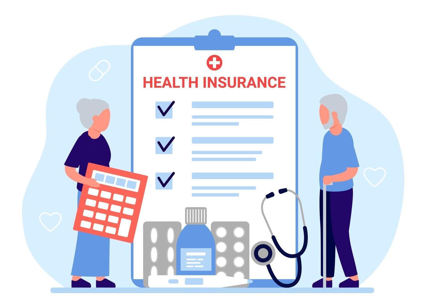 Health insurance senior people, tax claim law document. Elderly man and woman count medical form of healthcare with calculator. Vector illustration