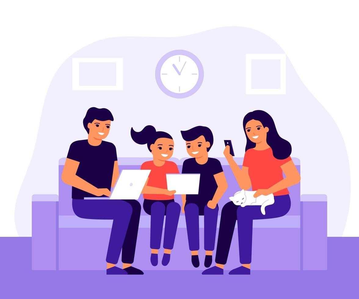 Happy family spends time together on couch at home using laptop, mobile phone and digital tablet. Parents and children sit on sofa at home and communication. Vector illustration