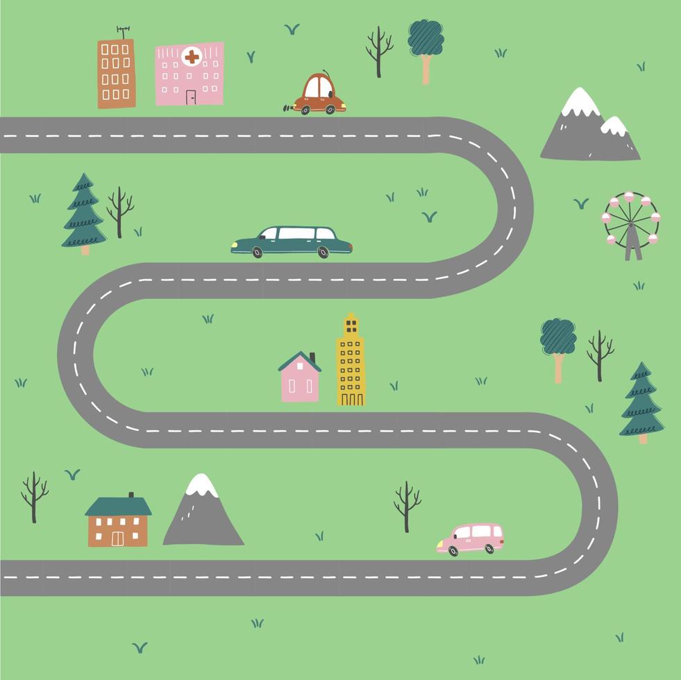 Kids city map of transport and road. Vector illustration.