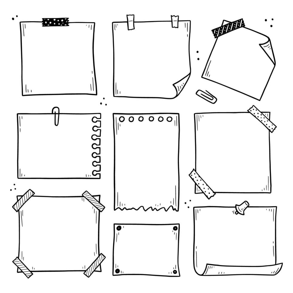Hand drawn set of paper memo sticky. Doodle vector