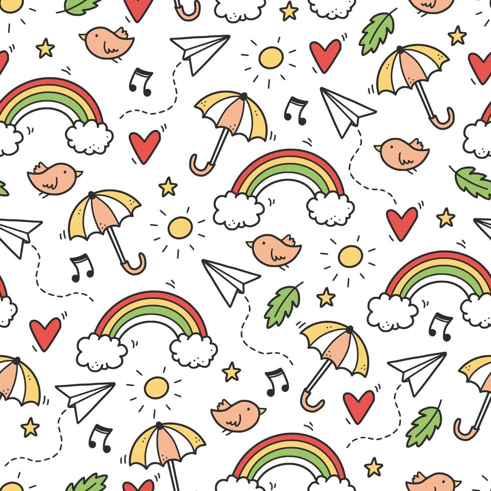 Cute seamless doodle pattern with cloud, rainbow vector