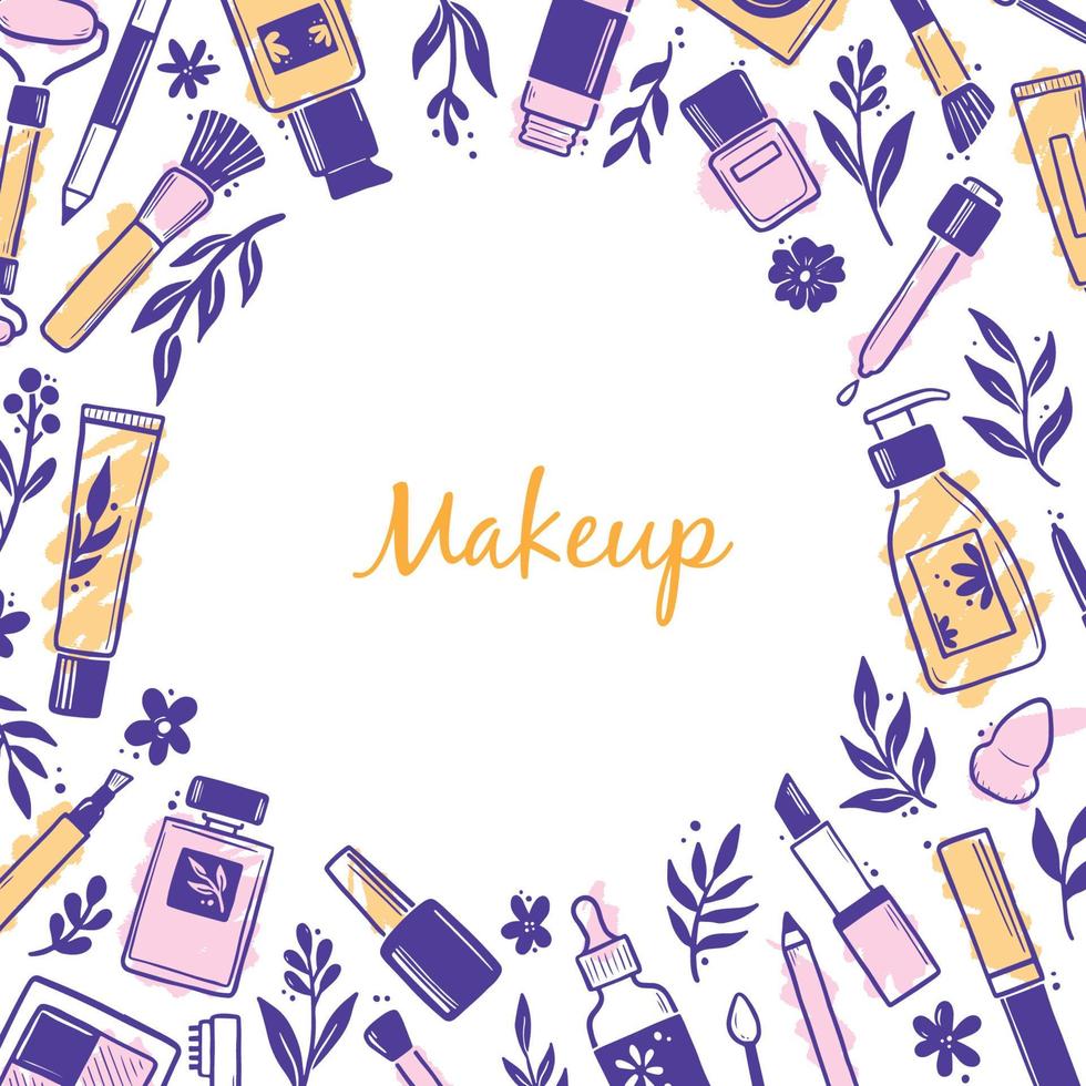 Hand drawn template with makeup beauty cosmetic vector