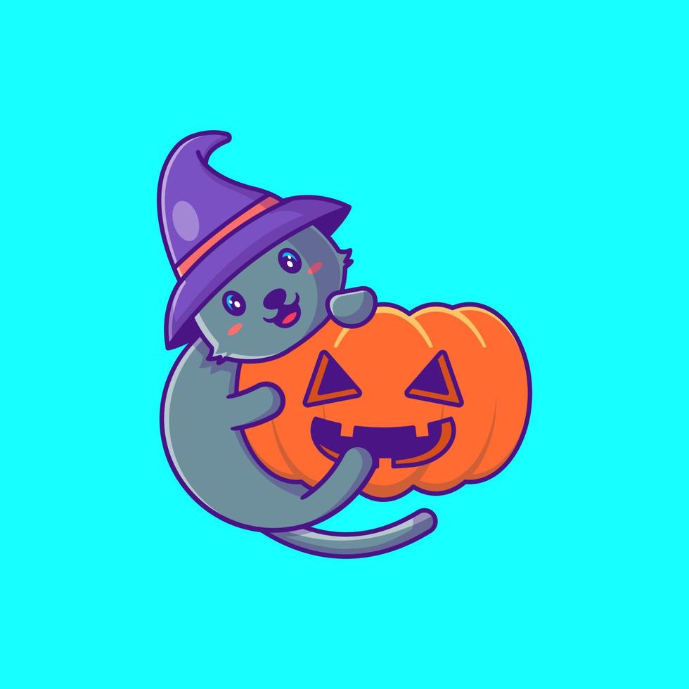 Cute Black Cat holding Pumpkin happy halloween Cartoon Illustration vector