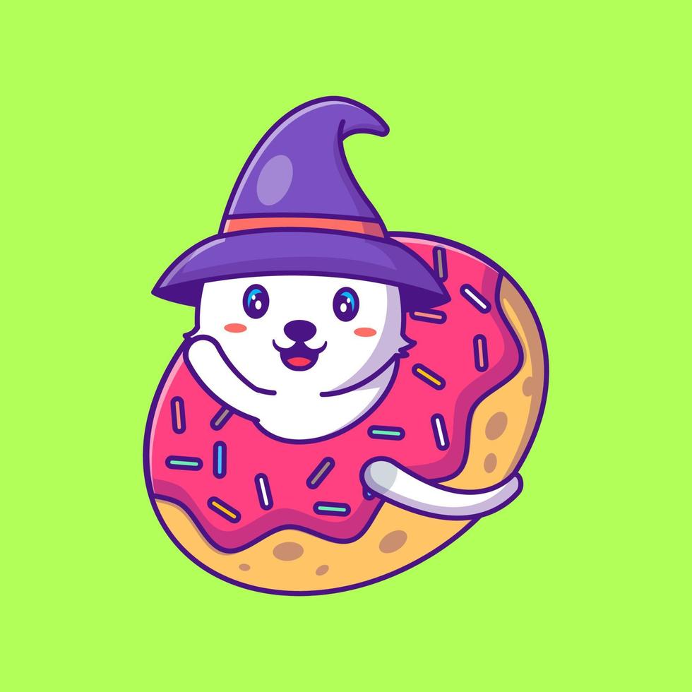 Cute witch cat in donuts happy halloween cartoon illustrations vector