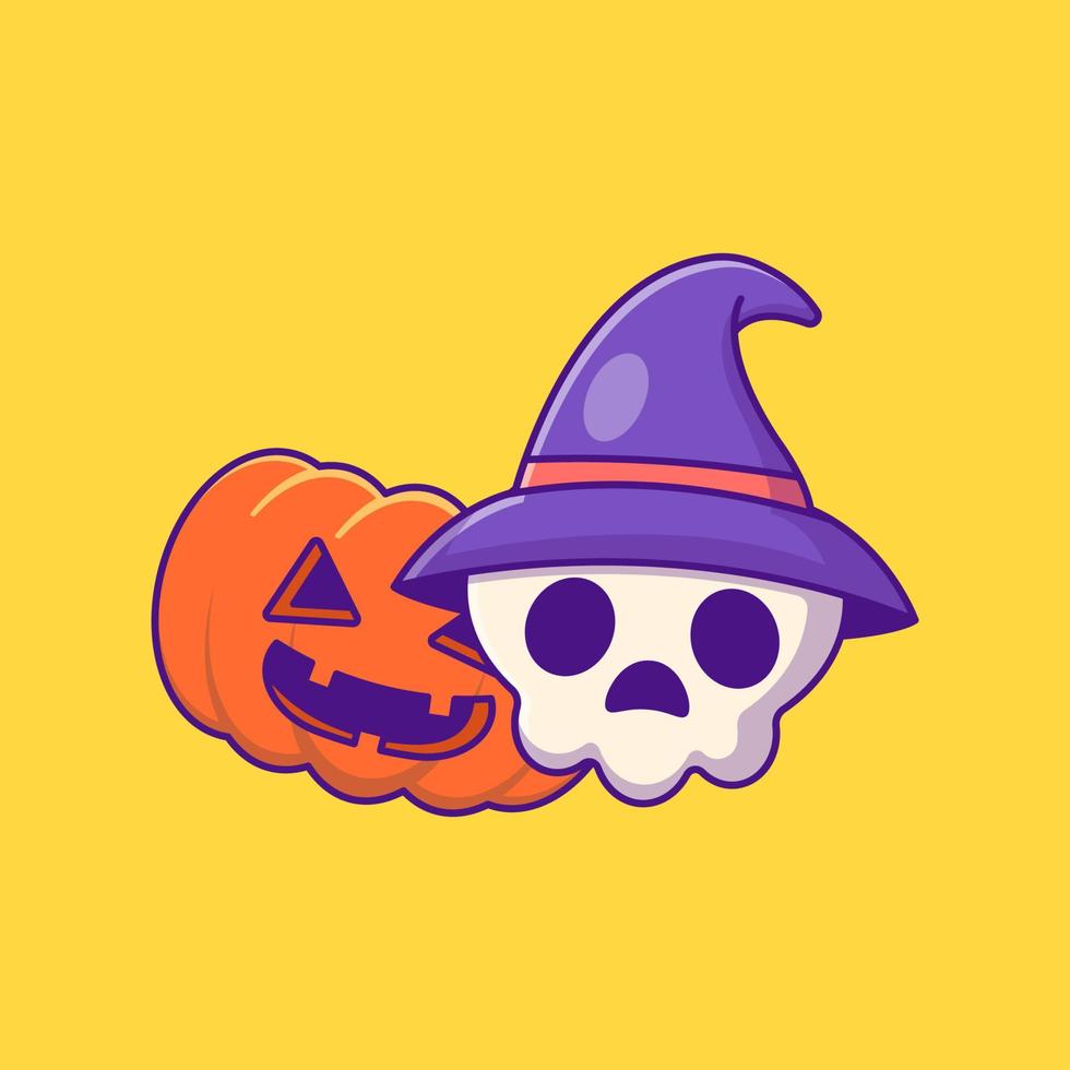 pumpkin monster and witch skull happy halloween cartoon illustrations vector