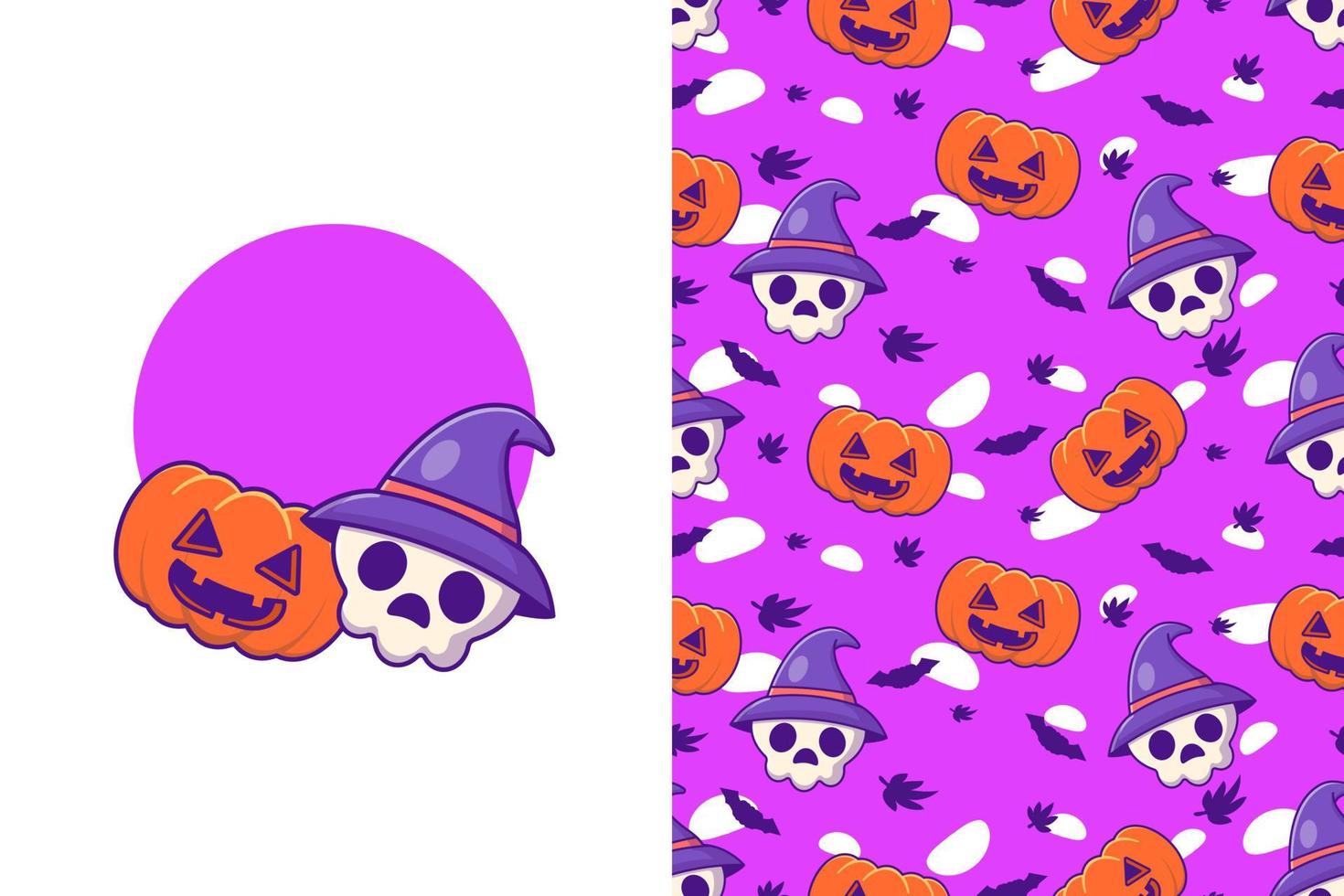 lindo, bruja, cráneo, y, calabaza, feliz halloween, con, seamless, patrón vector