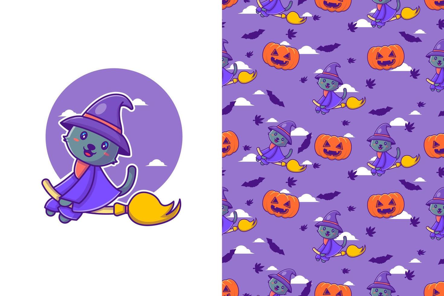 Cute black cat witch happy halloween with seamless pattern vector