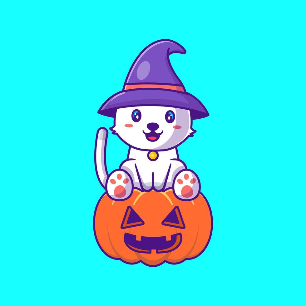 lindo gato bruja en calabaza feliz halloween ilustraciones de dibujos animados vector