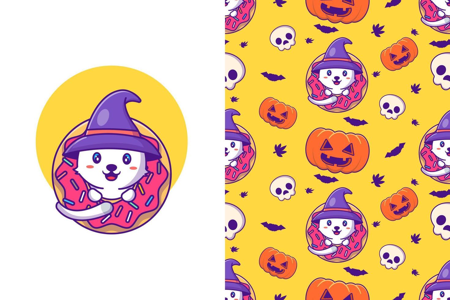 Cute witch cat happy halloween with seamless pattern vector