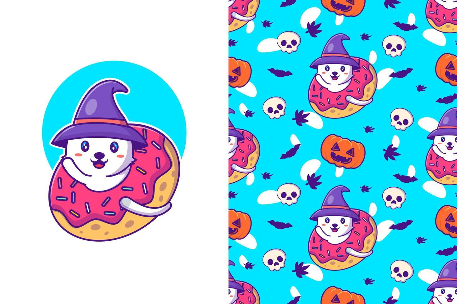 Cute witch cat  happy halloween with seamless pattern vector